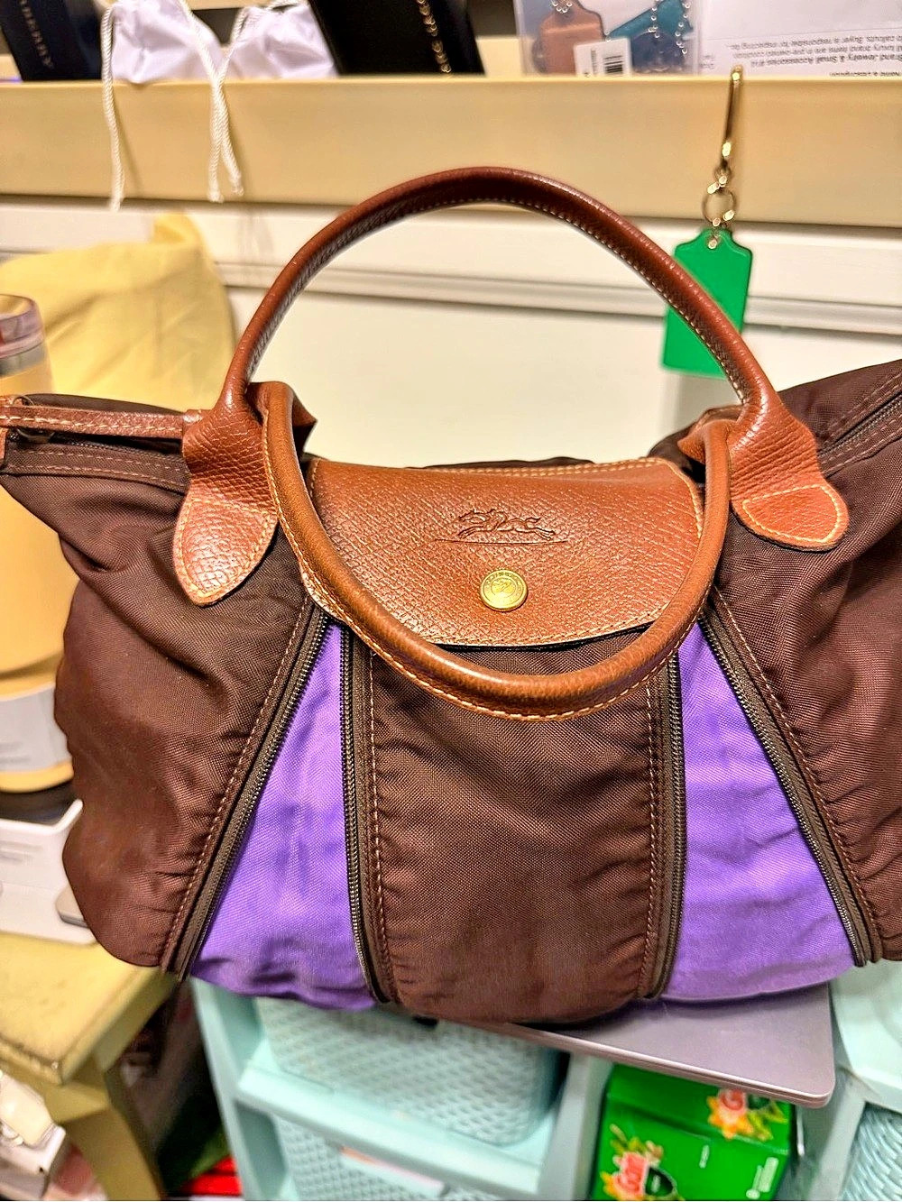 Longchamp Le Pliage Expandable Tote Brown & Purple Shoulder Bag - Picture 2 of 2